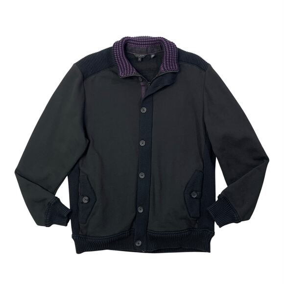 Ted Baker Sweater Mens 6 Black Purple Button Full Zip Long Sleeve Cotton Blend - Picture 1 of 11